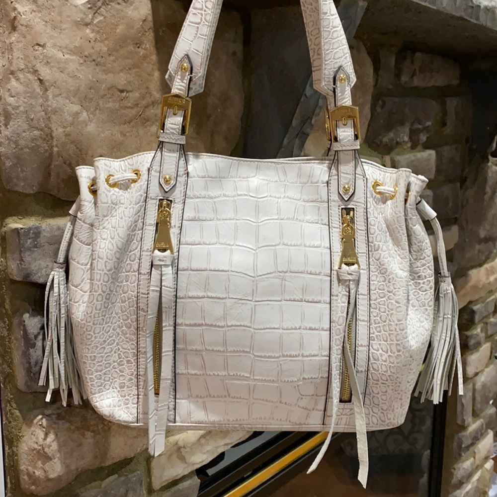 💕 Aimee Kesterberg white gray leather large  satchel bag gorgeous 💕